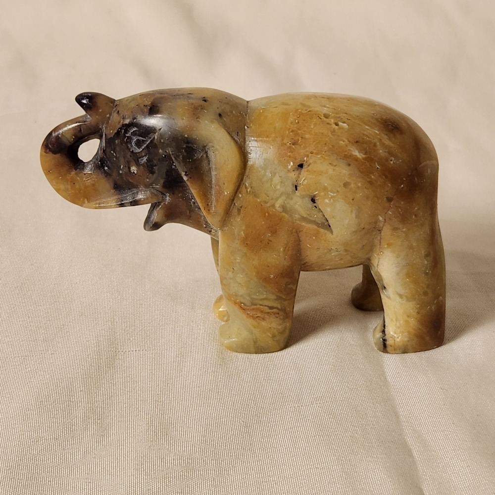 Vintage Hand Carved Soapstone Elephant Figurine Trunk Up Lucky Stone Statue